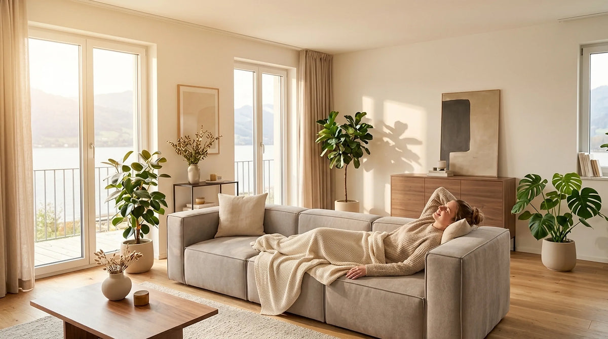 Zufriedene Frau liegt entspannt auf einem beigen LIVINDA Modulsofa