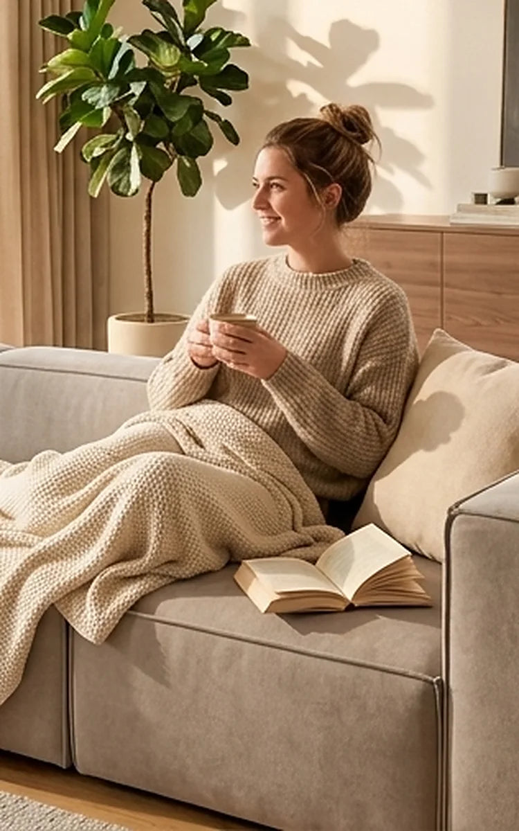 Frau entspannt am Sonntagmorgen mit Kaffee auf einem beigen LIVINDA Modulsofa