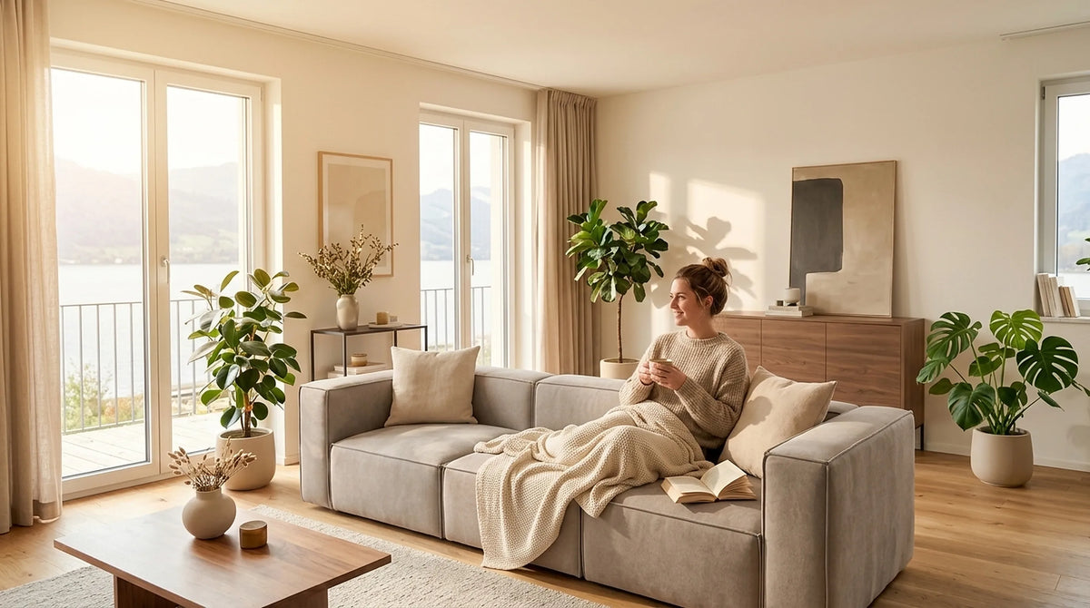 Frau entspannt am Sonntagmorgen mit Kaffee auf einem beigen LIVINDA Modulsofa